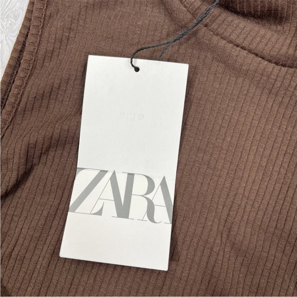 Zara Womens Top Brown UK S Sleeveless Ruched Adjustable Sides Ribbed High Neck - Picture 2 of 16